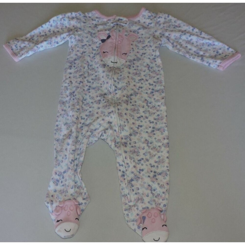 Carters Sheep Bodysuit One Piece Flowers Pink Pajamas Baby Girl Footed Zips 9M